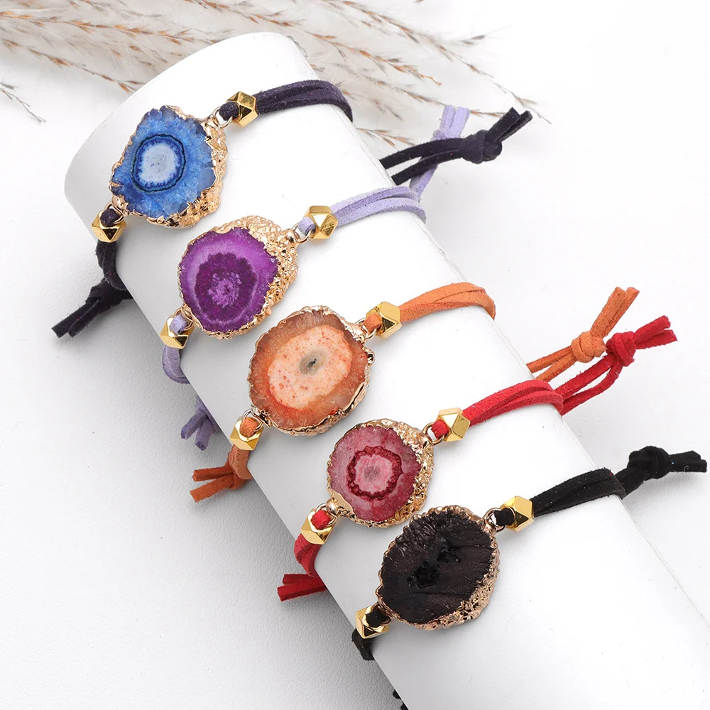 Irregular Druzy Crystal Cluster Charm Bracelet Geode Suede Rope Bangle Fashion Handmade Friendship Jewelry Gift For Women Men