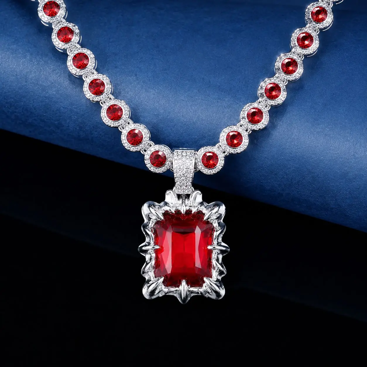 Hip Hop Women Men Necklace Red Cubic Zirconia Tennis Chain Square Cut CZ Pendant Necklace Iced Out Party Costume Jewelry