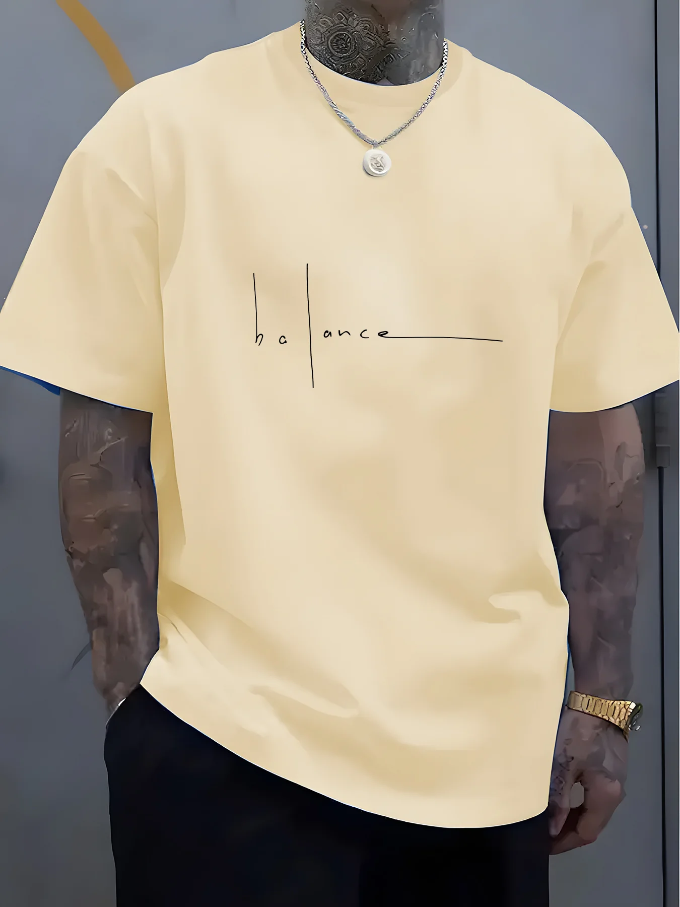 Men's summer 100% pure cotton fashionable casual sports loose trend balance letter print round neck short sleeved T-shirt top image 4