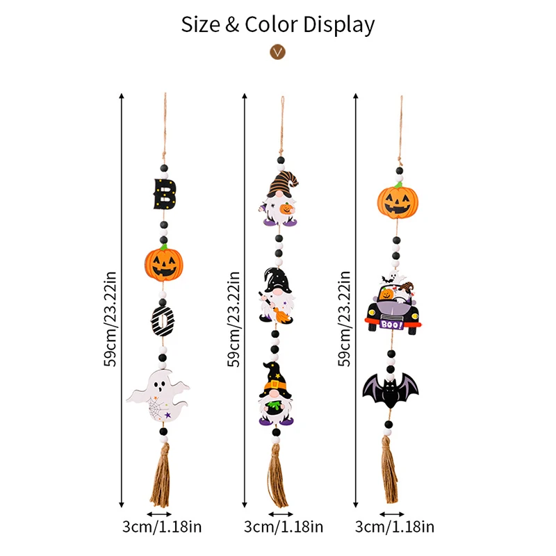 2024 Halloween Wooden Tassel Beads Pendant Gnome Pumpkin Bat Ghost wall Hanging Ornaments for Home Tiered Tray Decoration Props