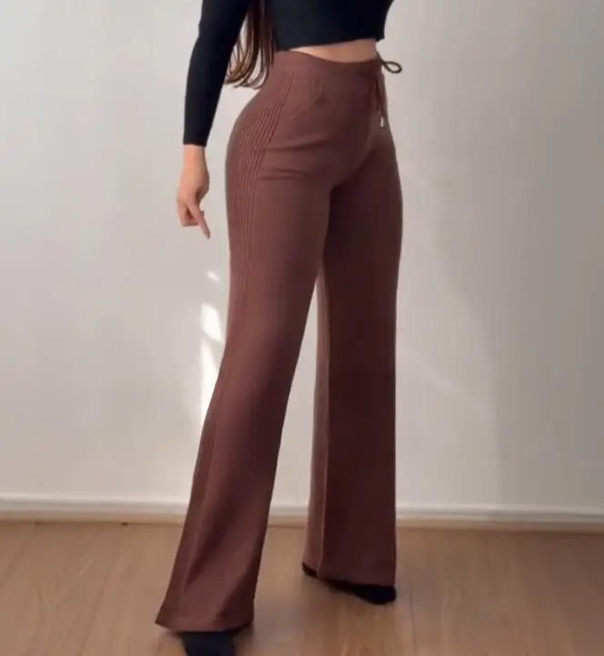 ジャカードニットベルボトムパンツ、ハイウエスト弾性ウエストスリムフィットカジュアルパンツ、秋と冬の女性のニットパンツ