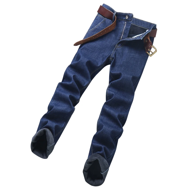 Winter Jeans Men's Fleece-lined Warm Business Men's Classic Loose Casual Elastic Straight All-Matching Thickened Pants