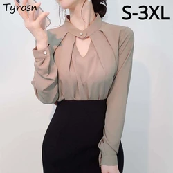 Blusas sólidas femininas camisas de chiffon manga longa fino oco sexy all-match básico primavera verão topos fino chique elegante feminino ins