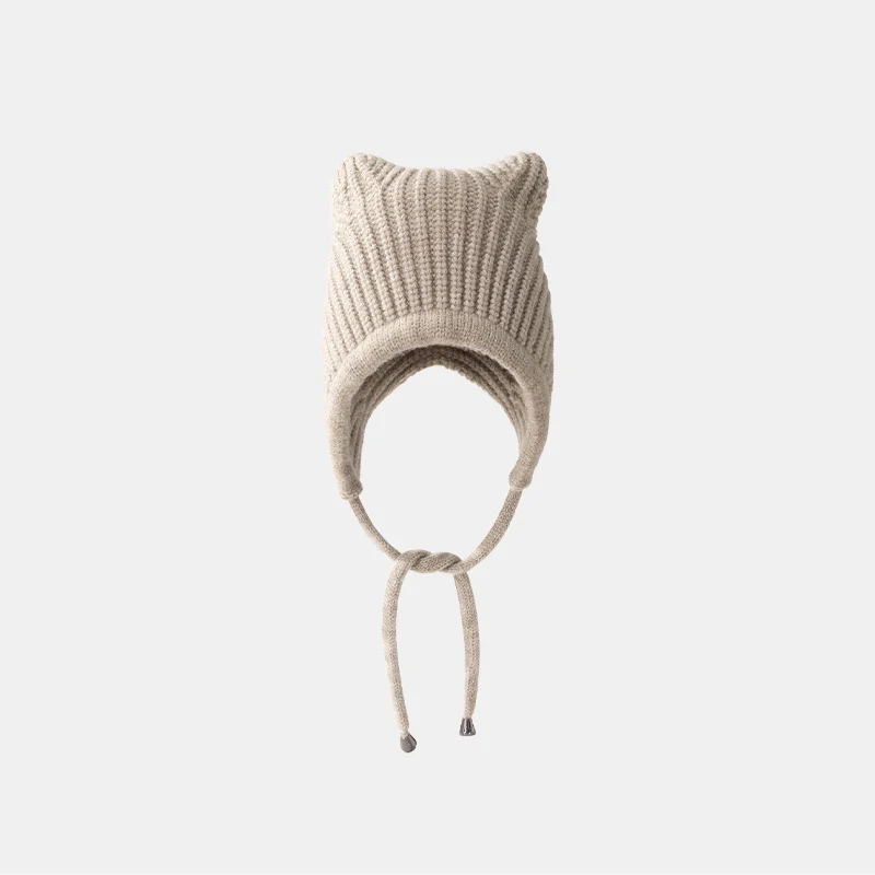 Cat Ear Style Windproof Slouchy Stocking Hat Plain Beanie With Fixed Tie Ear Flaps Knit Hat Kawaii Harajuku Winter Cap for Women