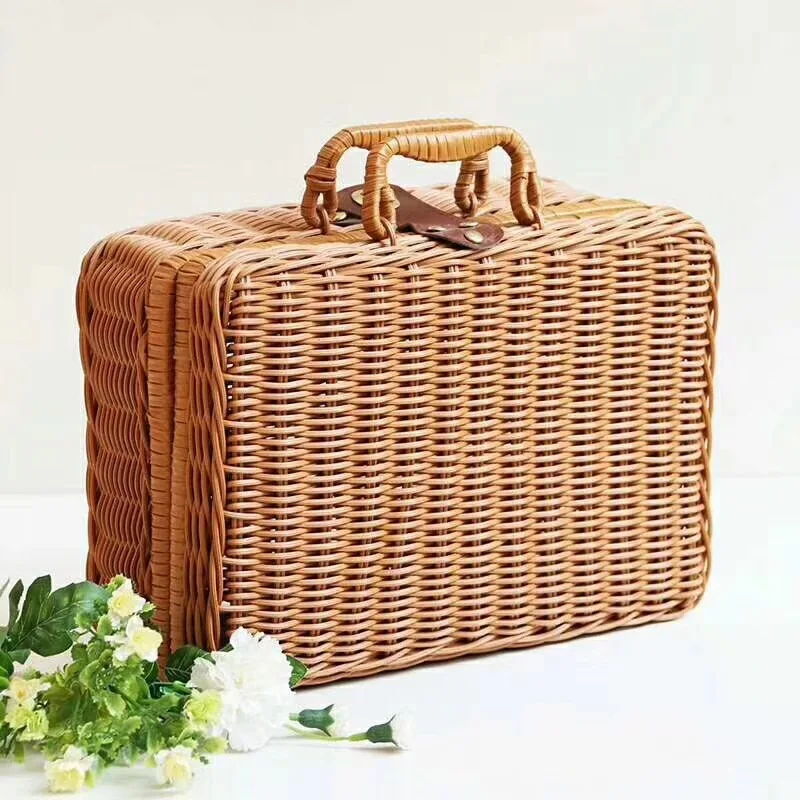 Mir de pique-nique portable en rotin tissé à la main, mallette de rangement, vintage, maquillage, valise de voyage, cosmétique, boîte de rangement officielle