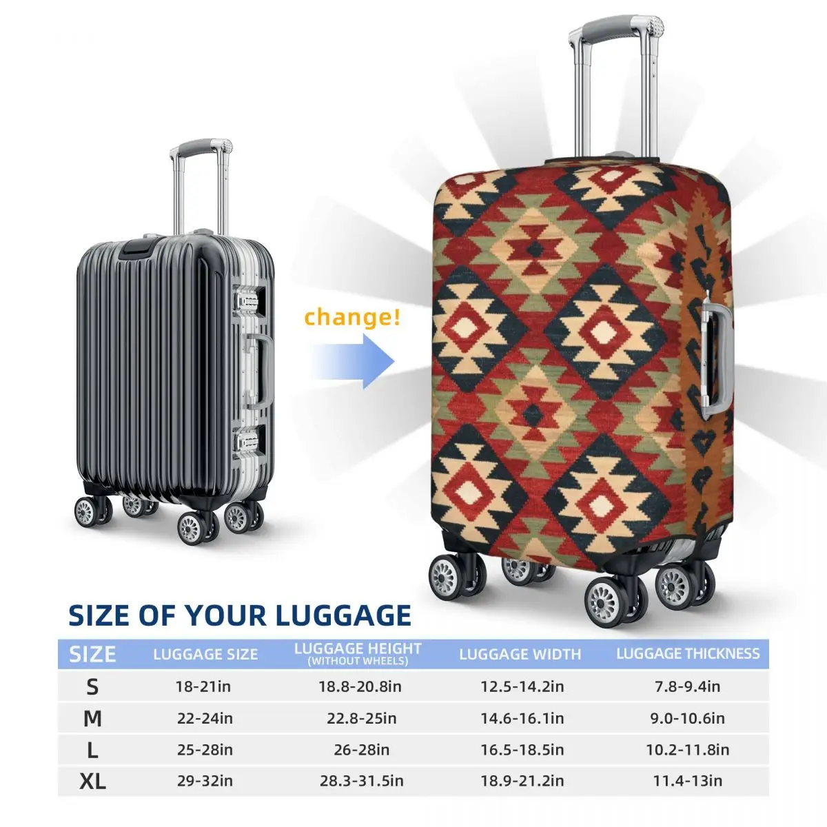 Juste de Protection de Bagages à Motif de Kilim Turc Personnalisé, Accessoire de Style Bohème, Géométrique, Diamant, Tribal, Ethnique, Art, de 18 à 32 Pouces