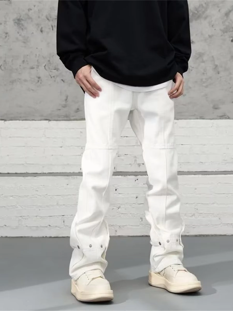 

Белые джинсы на пуговицах в стиле ретро, мужские модные прямые брюки-клеш, длинные брюки, повседневные джинсы свободного покроя, джинсовые брюки с высокой талией