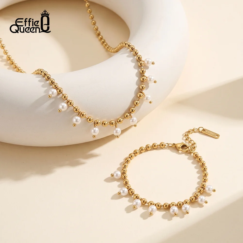 EFFIE QUEEN Elegant Vintage Shell Pearl Beads Bracelet Stainless Steel 18K Gold Plated Daily Wear Engagement Jewelry Gift STPB05