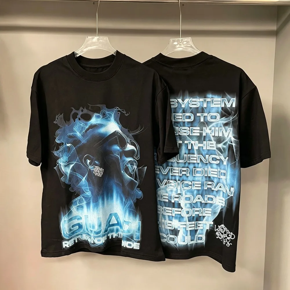 Blue Flame Figure Front Back Graffiti Graphic Print Men T‑Shirt Cotton Oversized Hip Hop Streetwear Short Sleeve Casual Tee Top