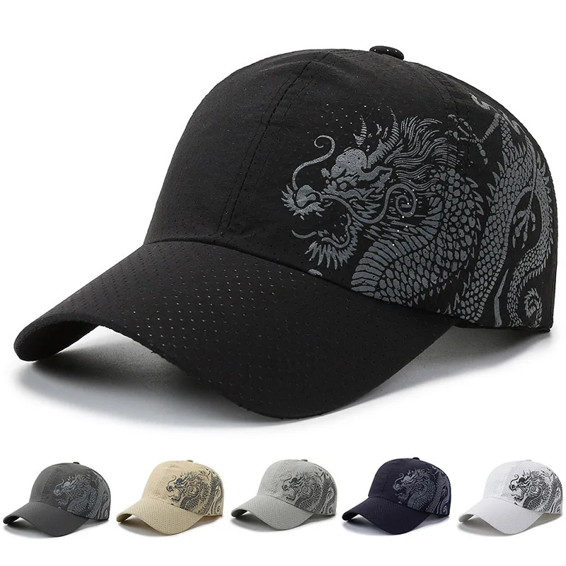 Men's Chinese Style Printed Dragon Baseball Cap Outdoor Quick-drying Cap Adjustable Trendy Breathable Full Mesh Trucker Dad Hat