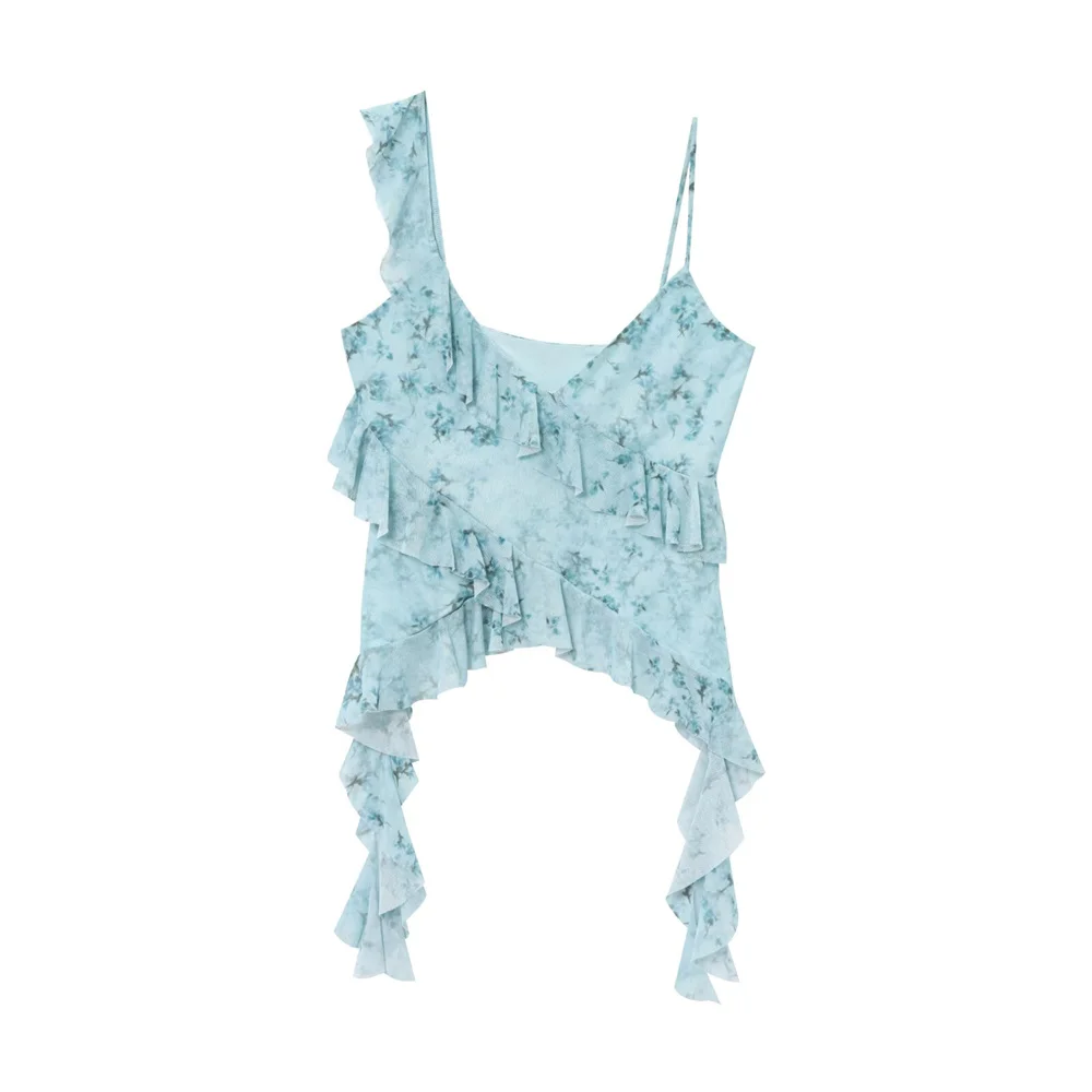 여름 새로운 여성 패션 캐주얼 유럽과 미국 스타일의 계층화 된 장식 인쇄 실크 메쉬 탑