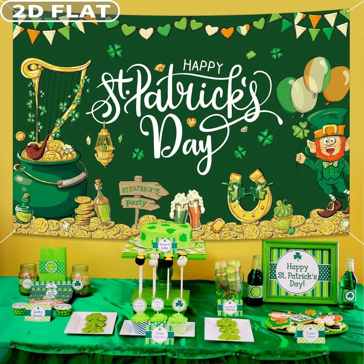 2D FLAT 1pc St Patricks Day Banner, 47.24x70.87inch Polyester St Patricks Day Decor Shamrocks