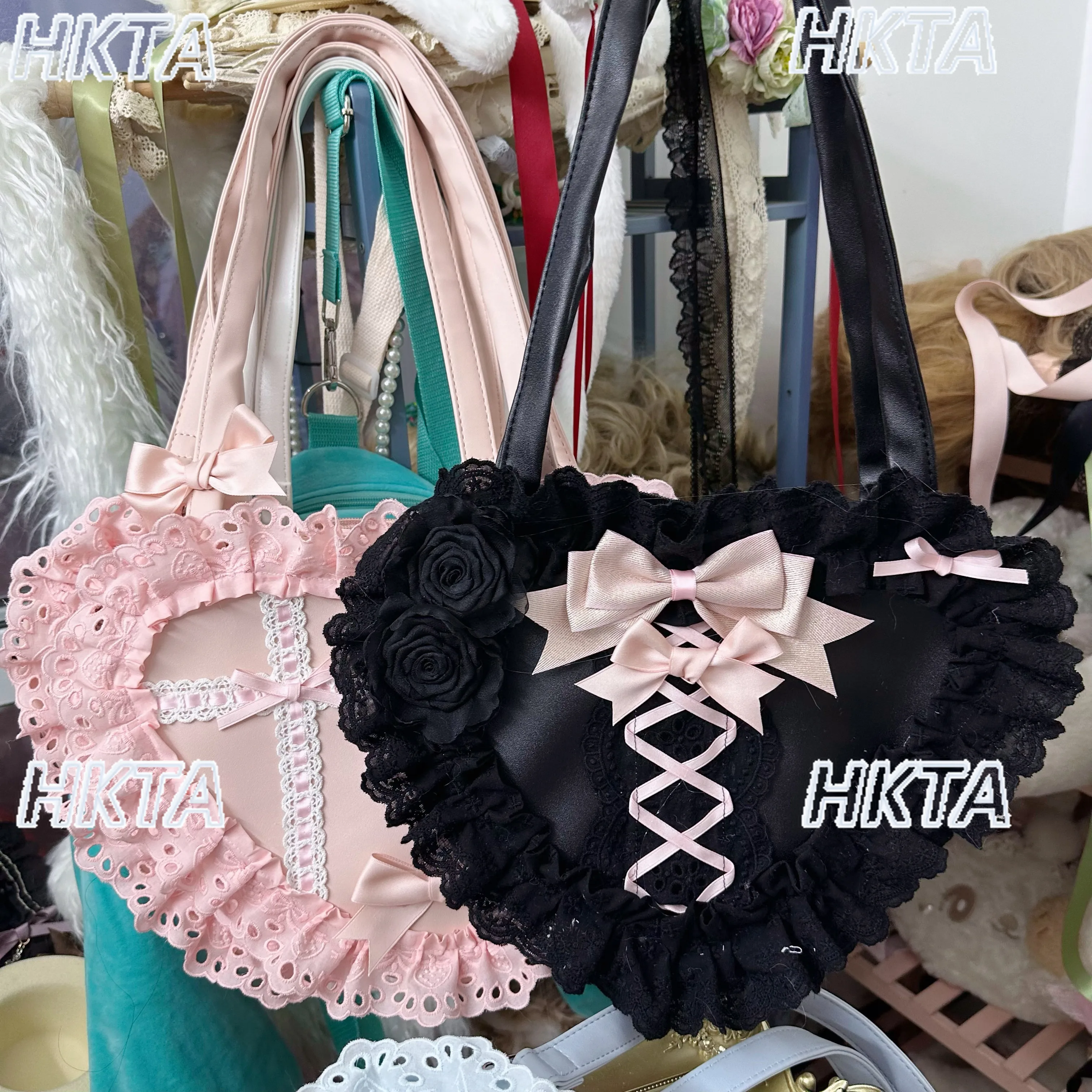 Japanese Style Element Heart-shaped Lolita Bag Women's Cute Sweet Girl Bow Lace Ruffled Edge Pain Bag Shoulder Bags Backpack