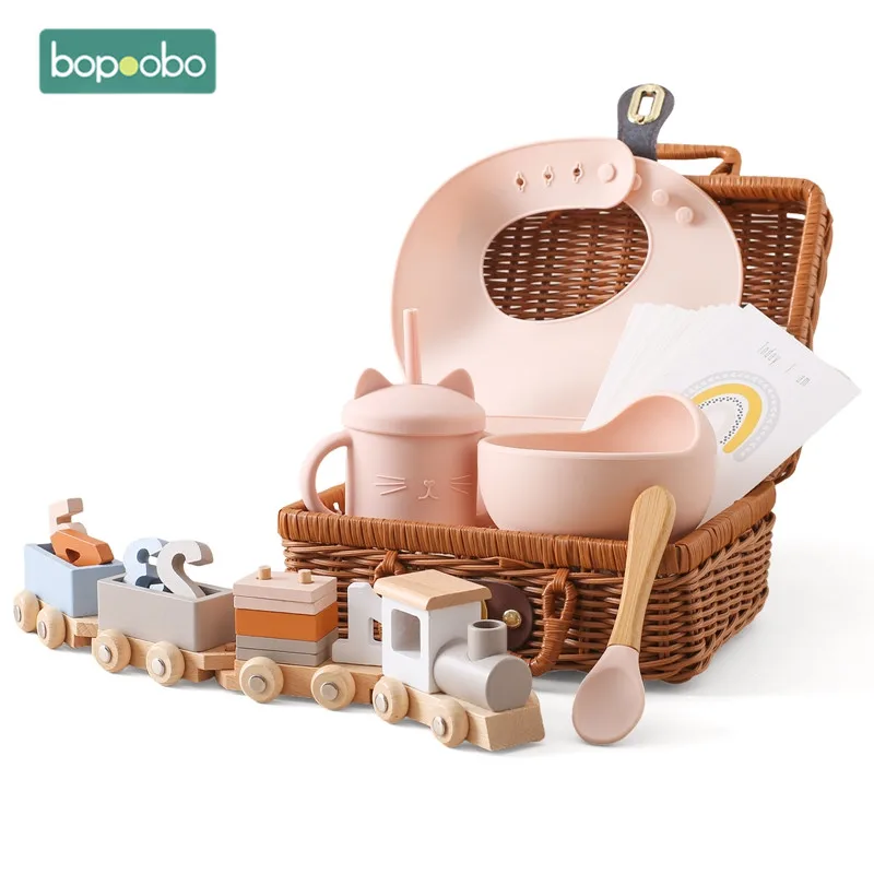 Baby Small Wooden Train Toy Set Infant Feeding Tableware Box Set Gifts Kid Monthly Milestone Card Babies Birth Vintage Box Gifts