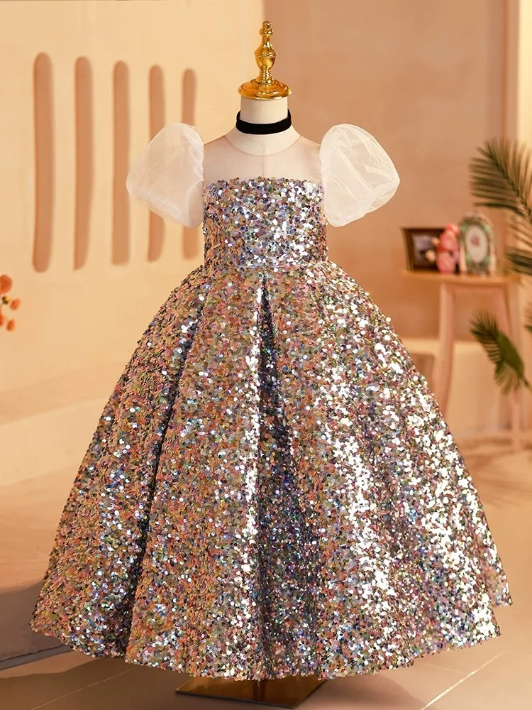 Children Pageant Ball Gown Girl Flower Wedding Sequins Dresses for Kids Piano Performance Vestidos Girls First Communion Dress