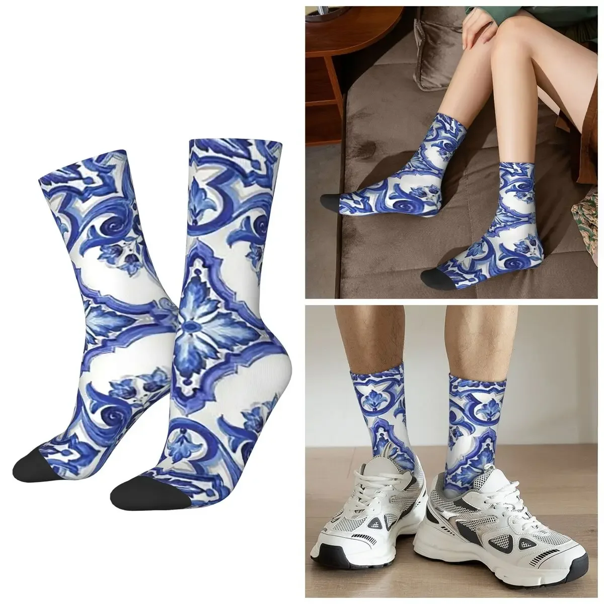 

All Seasons Blue Ornate Floral Mediterranean Sicilian Tile Socks Harajuku Sport Middle Tube Socks Super Soft Stockings Day Gifts