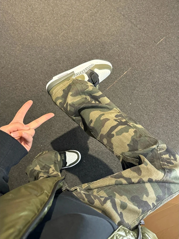

American High Street Camouflage Fce Lined Jeans Men's Autumn Winter Vintage Straight Leg Micro Flared Workwear Trousers