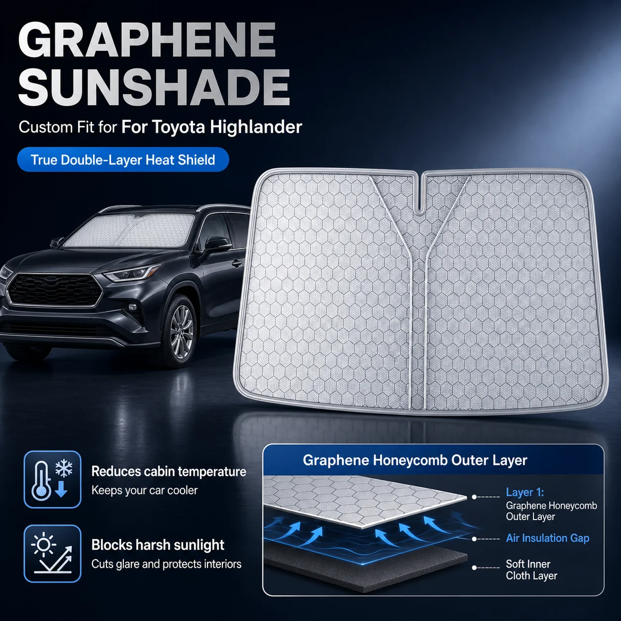 For Toyota Highlander Graphene Windshield Sunshade Custom Fit Car Sunshade UV Sun Protection Car Interior Accessories