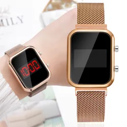 Simple Digital Watches for Women Luxury Rose Gold LED Watch Magnetic Metal Mesh Band Waterproof Fashion Ladies Electronic Clock