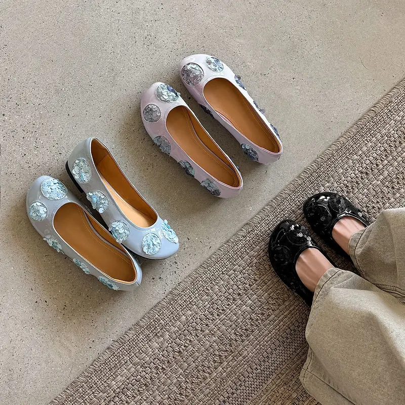 2026 new spring autumn women pumps 22-25 cm cowhide+sheepskin+pigskin sequined fabric round toe low heel women shoes fashion