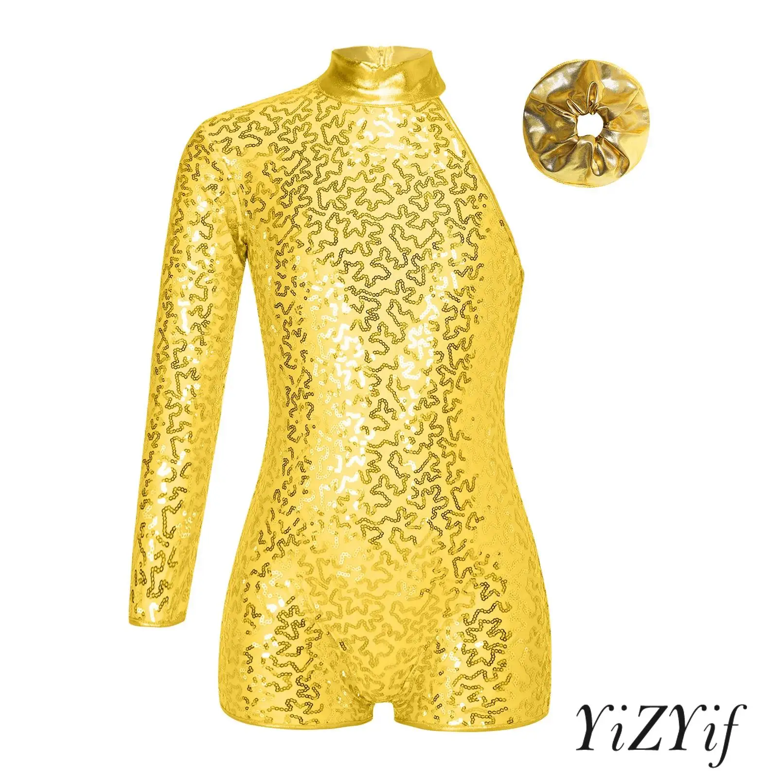 

Kids Girls Jazz Dance Leotard Outfit Shiny Sequins One Shoulder Invisible Zipper with Hair Band Stage Performance Clothing