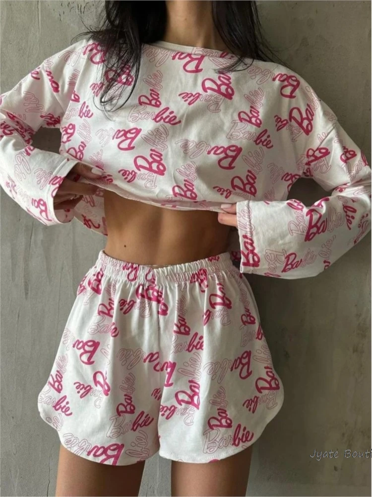 Spring Summer Letter Print Long Sleevet-shirt And Shorts Sets Cotton Blend Homewear Pajamas Crop Top And Slit Shorts 2 Piece Set