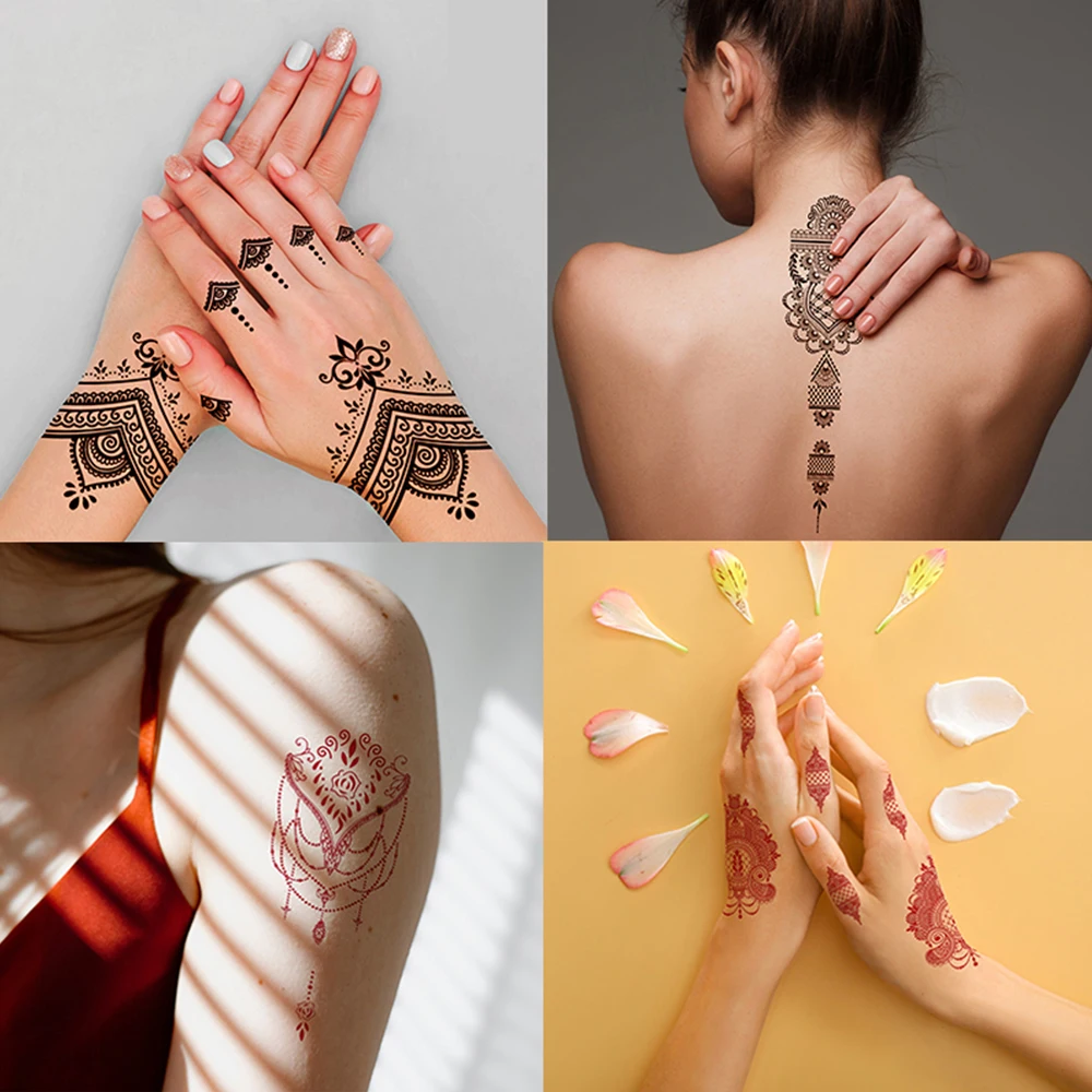 10 Pcs/Set Temporary Tattoo Sticker Henna Black and Red Tattoo Stencil for Hand and Body Stickers Henna Tattoo Templates