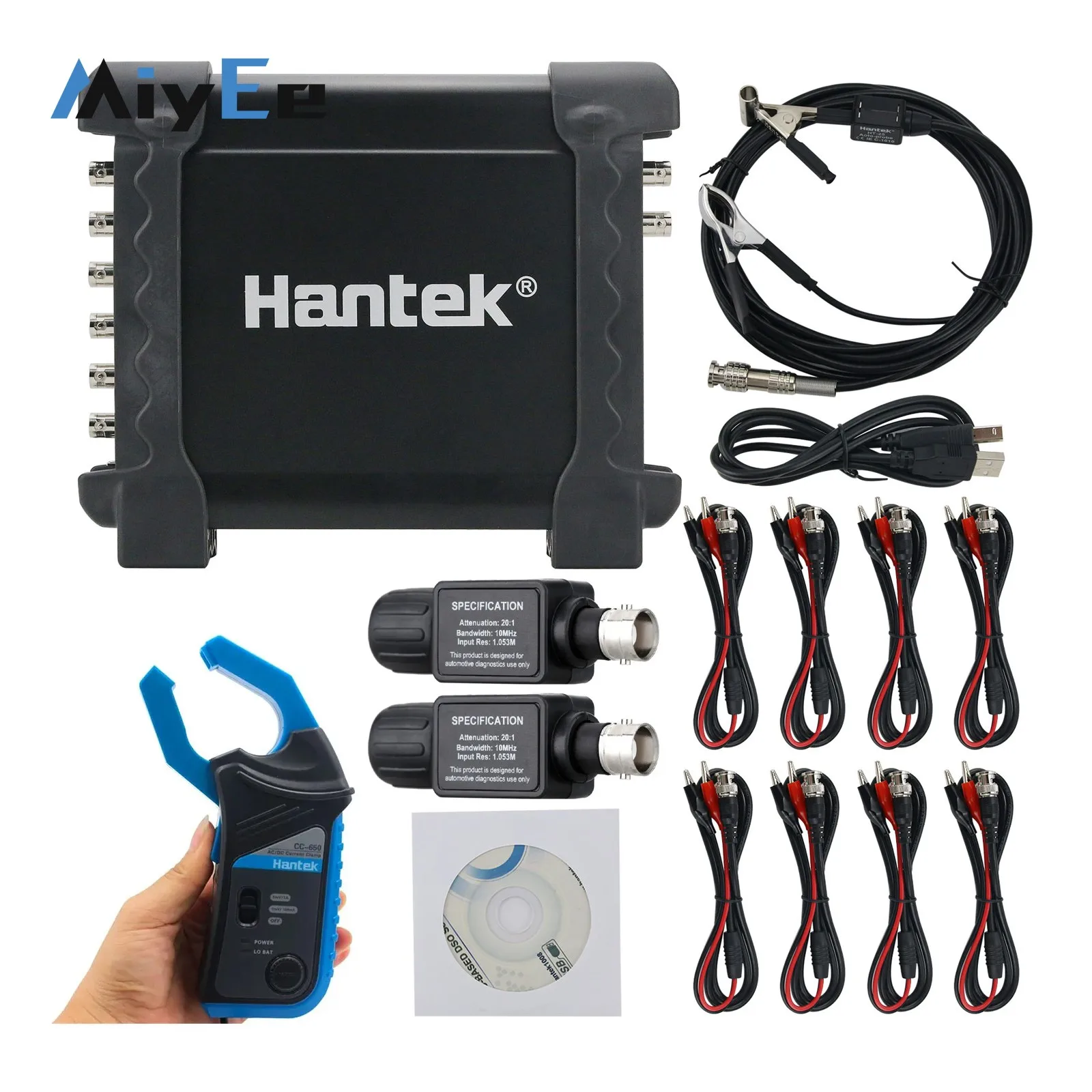 1008C 8-Channel Hantek Oscilloscope + CC-650 / CC-65 AC/DC Current Clamp +  HT-201 Oscilloscope Attenuators