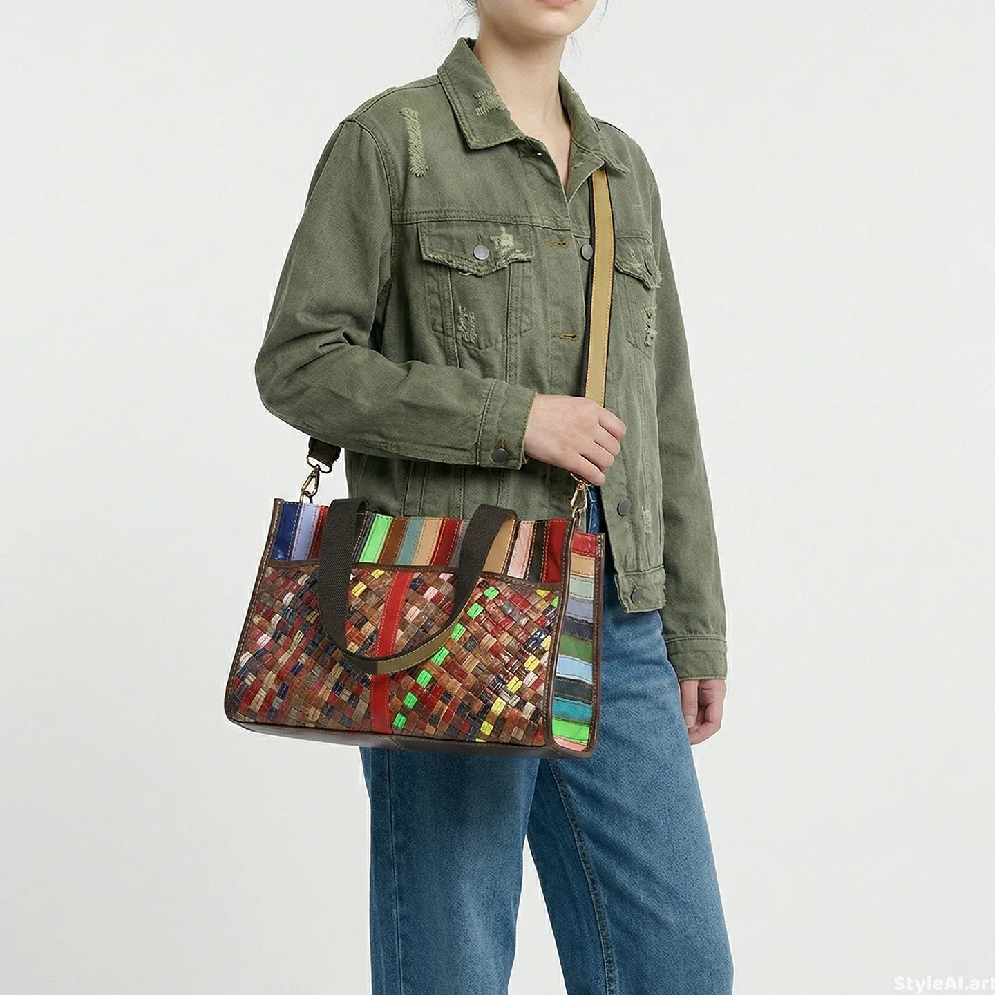 

Женская сумка ручной работы в стиле ретро, из натуральной кожи, с цветными блоками, плетеная, в стиле пэчворк, через плечо, большая вместимость, для повседневного использования и шопинга