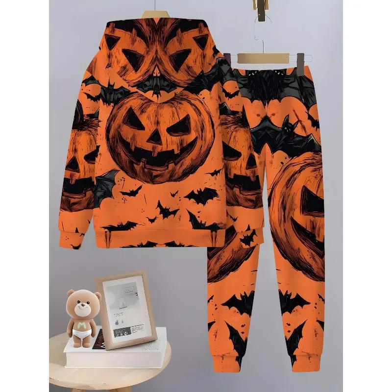 2025 2 قطعة موضة ثلاثية الأبعاد مطبوعة هالوين الخفافيش نمط هوديي غير رسمي الربيع/الخريف ملابس رياضية بأكمام طويلة #3