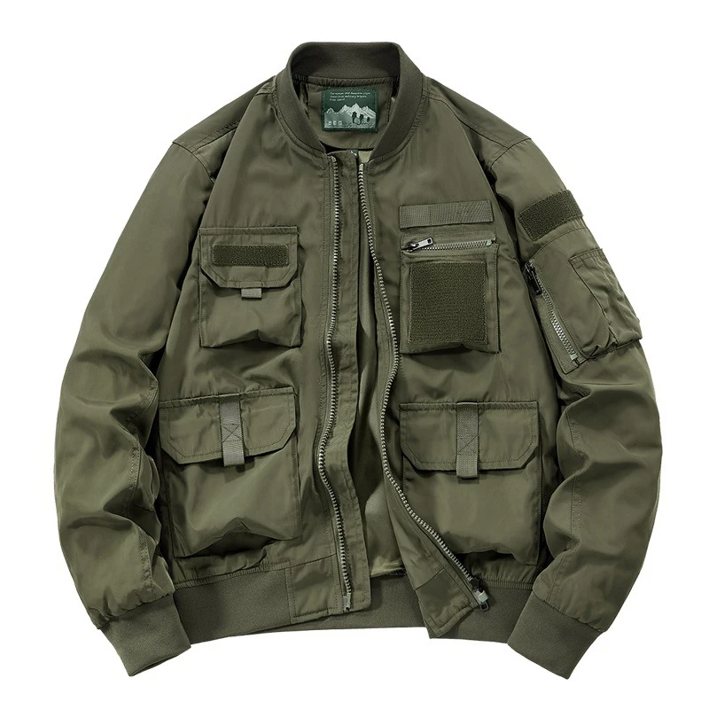 KIDWHXR Bomber Jacket Man Autumn Outdoor Sport Casual Workwear Outerwear Male Loose Pocket Long Sleeve Zipper Men Cargo Coat