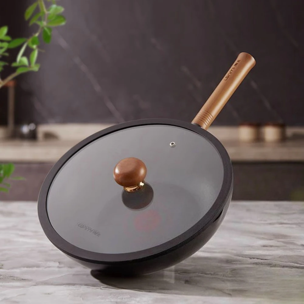 

Titanium Wok with Lid Flat Bottom Stir Fry Pan with Wooden Handle Nonstick Skillet Double Ring Oil Control Frying Pan for Home