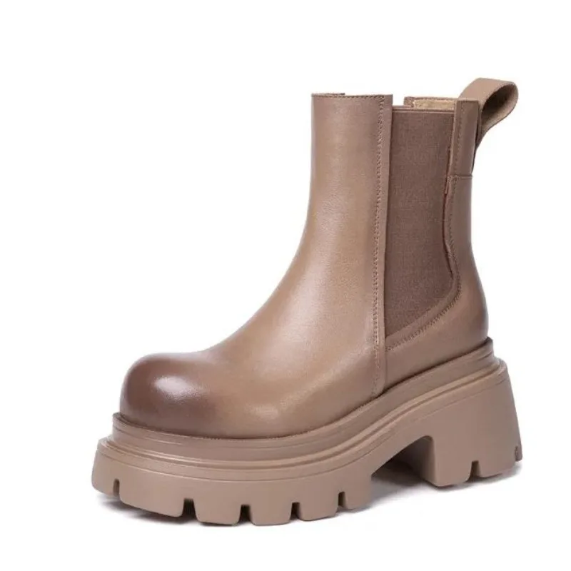 

Fashion High Heeled Genuine Leather Chelsea Boots Slip-On Heel Winter Boots Square Women Botas Mujer Shoes Women
