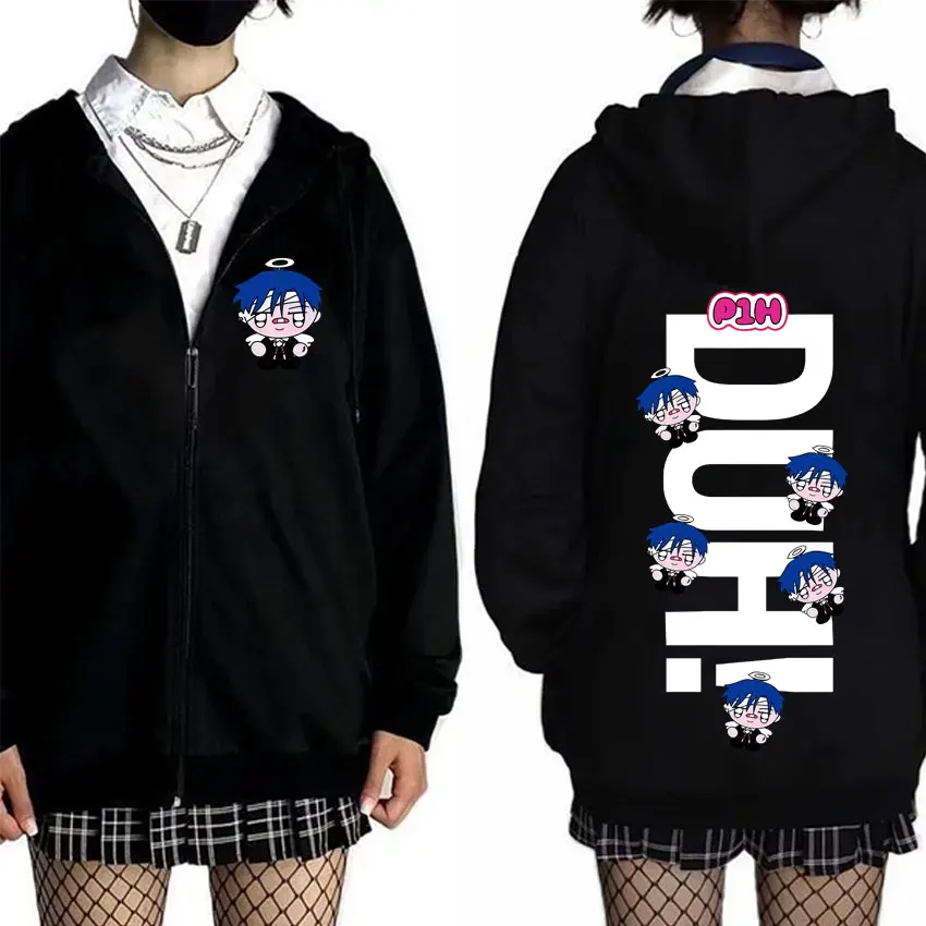 

Korean Kpop P1Harmony 2025 DUH Cartoon Style Print Zipper Hoodie Cat Funny Meme Zip Up Jacket Men Women Fashion Oversized Coat