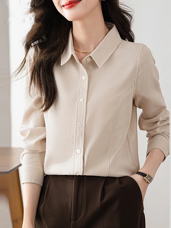 루즈핏 롱 슬리브 여성 봄 신상 싱글 버튼 솔리드 컬러 브루드 폴리에스터 편안하고 통기성 좋은 한국 스타일