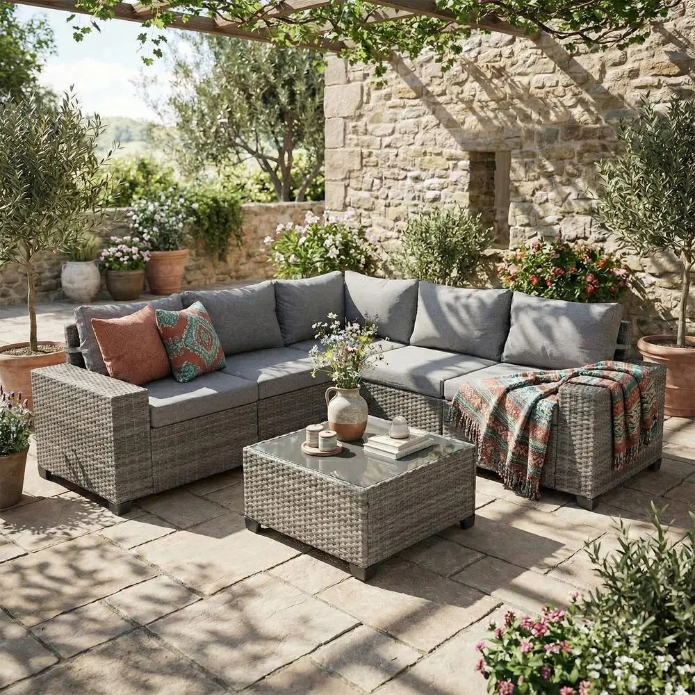 

6-Piece Outdoor Wicker Sectional Sofa Set with Wide Armrests, Comfortable Cushions & Glass Top Coffee Table, Grey