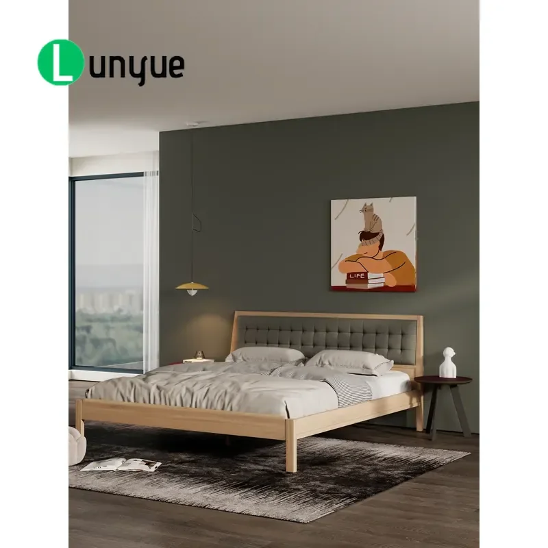Modern Oak Wood Frame Bed with Leather Upholstery Luxury Bedroom Furniture for Home Living Room Durable Stylish Design