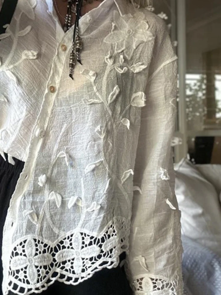 

Casual Solid Color Long Sleeve Vacation Shirts Elegant Lapel Floral Hollow Out Blouse Fashion Women Single Breasted Commute Tops