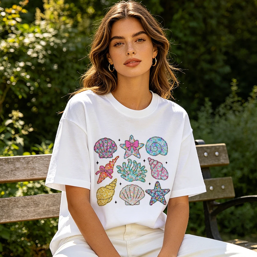 Glittery Pastel Seashell & Starfish Collection Print Oversized T-Shirt Women's Y2K Summer Streetwear Trendy Beach Short Sleeve