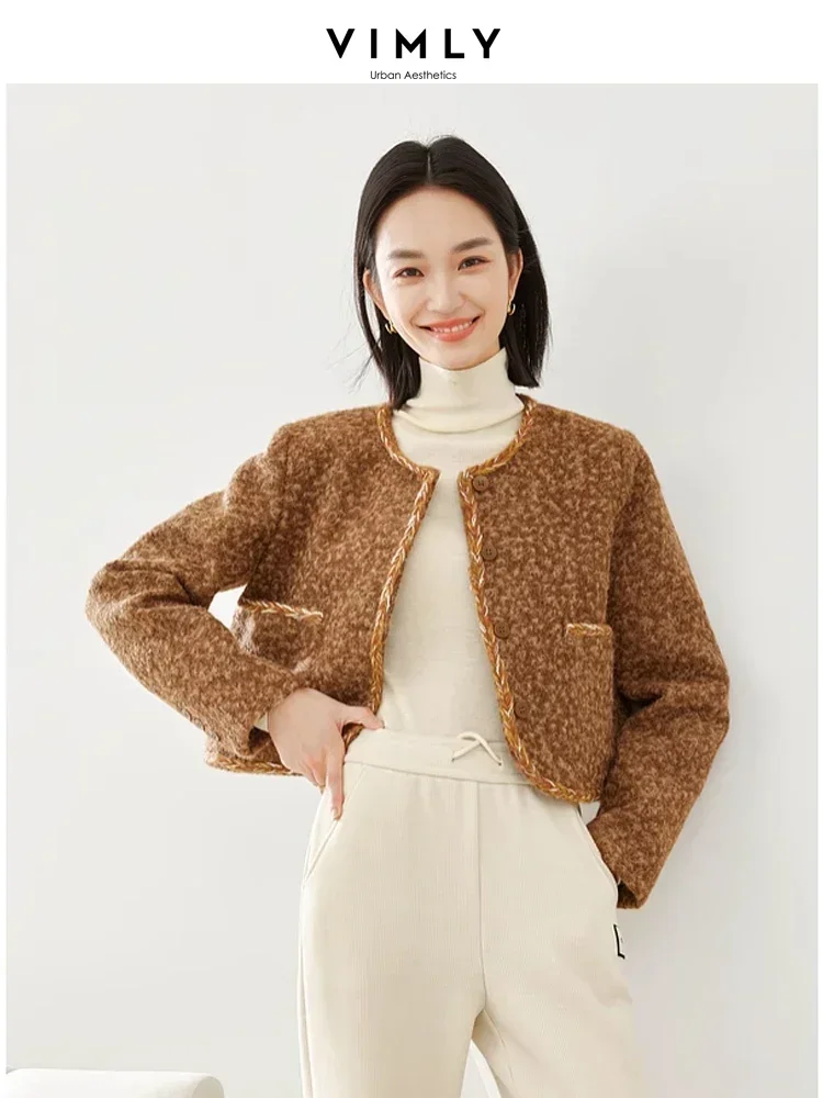 

VIMLY Quilted Woolen Cropped Jacket for Women 2025 Elegant O-neck Single Breasted Winter Short Coat Female Outerwear 16293