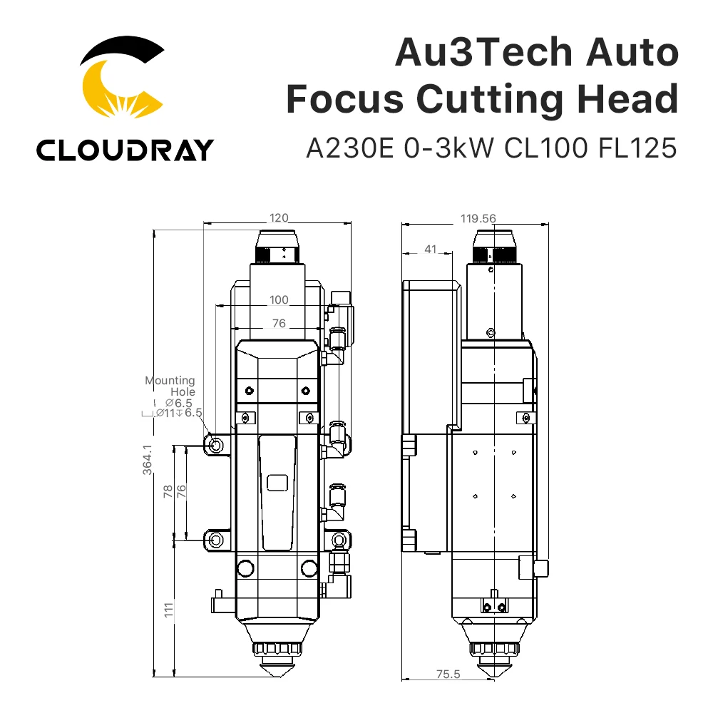 Imagem -06 - Cabeça de Alta Velocidade 03kw A230e Cl100 Fl125 do Laser do Corte do Metal do Foco Automático de Cloudray Au3tech para a Máquina de Corte