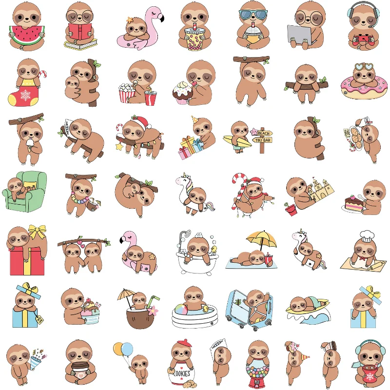 10/25/50pcs Cute Sloth Cartoon Stickers for DIY Luggage Water Bottle Phone Laptop Guitar Scrapbook Stationery Decal