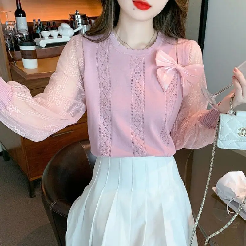

Round Neck Gauze Chiffon Patchwork Lantern Sleeve Early Autumn New Solid Color Bow Sweet Personality Knitted Female Pullovers
