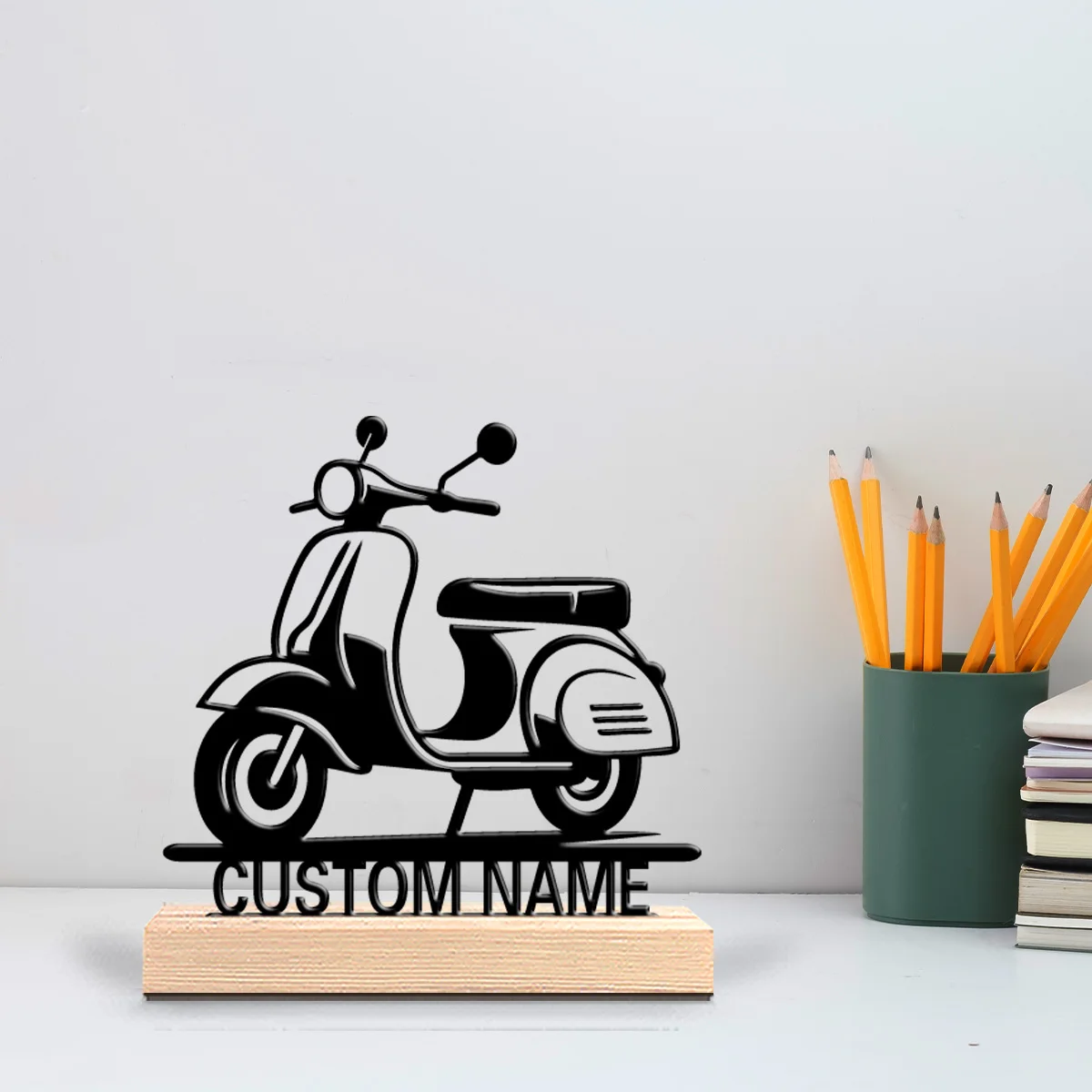 1pc Modern electric bike Customized Name Metal Statue Metal Ornament Art Crafts With Wood Base Tin StatueFor Home Decor