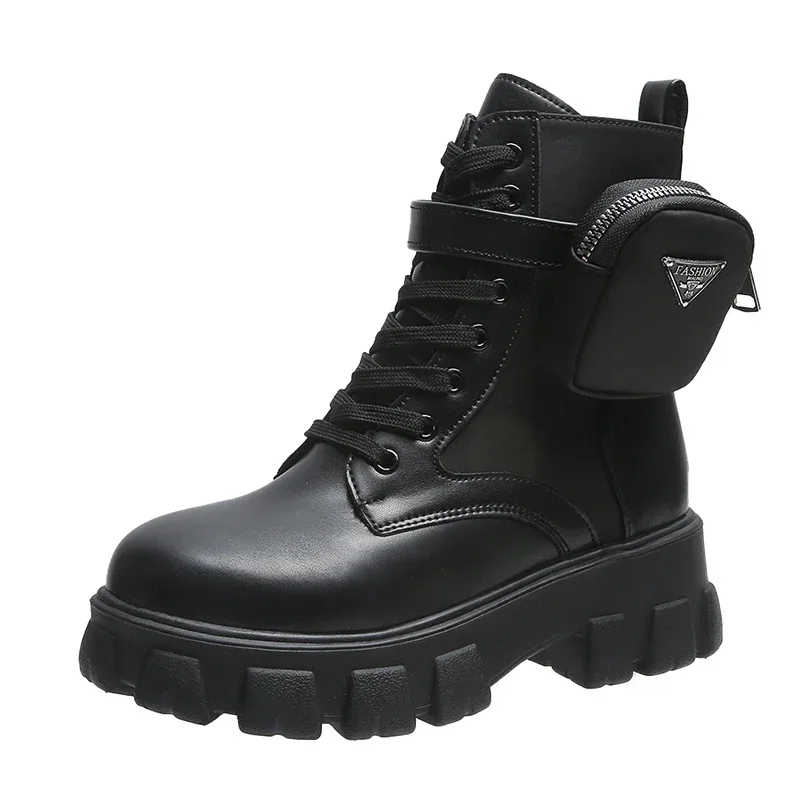 Buty damskie 2024 Wysokiej jakości sznurowane buty damskie Zimowe buty z okrągłym noskiem Solidne krótkie buty na platformie Chunky Heels Plus Size