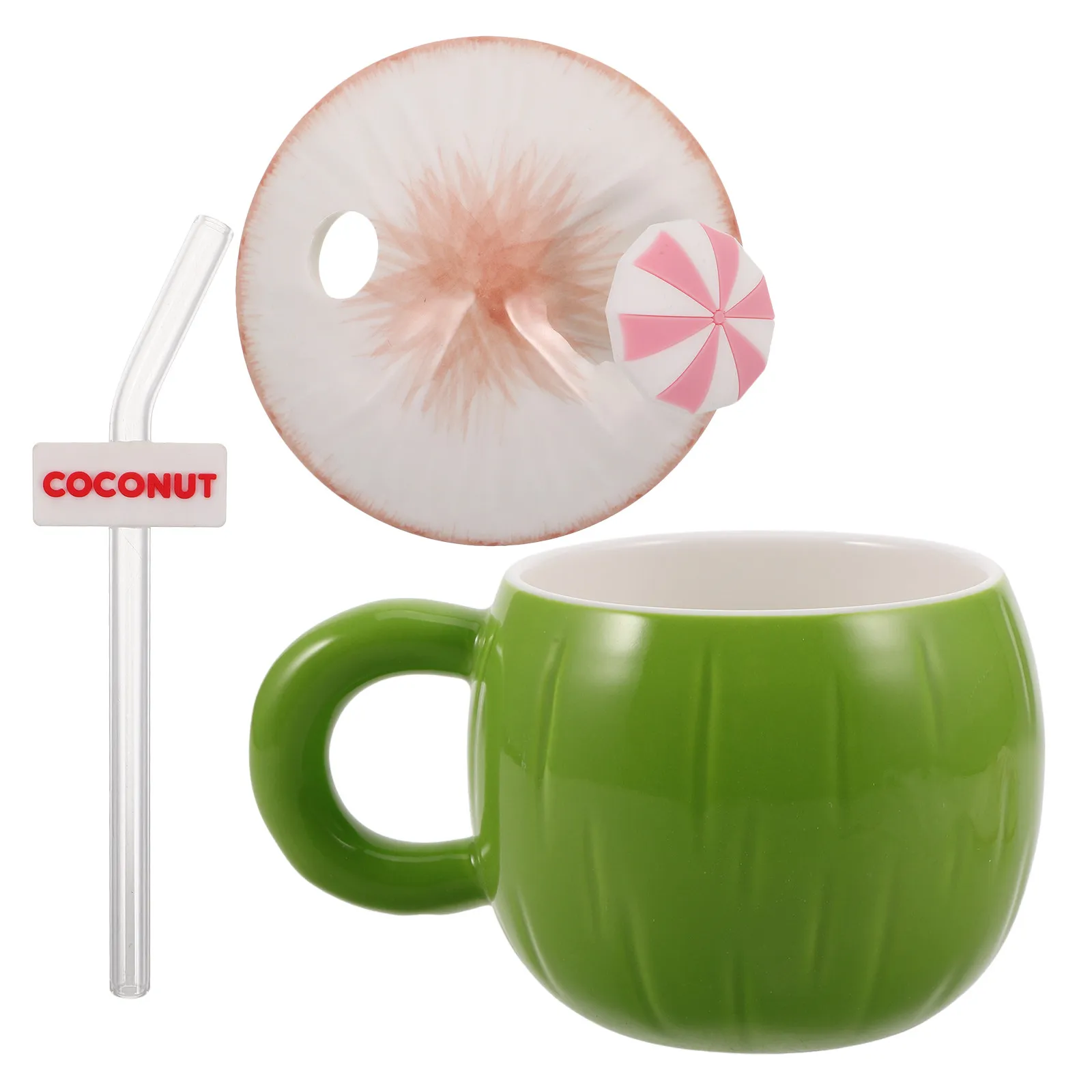 Cute Coconut Shaped Ceramic Mug with Lid and Straw Tropical Tiki Luau Party Decoration for Coffee Milk Water Cocktail Travel