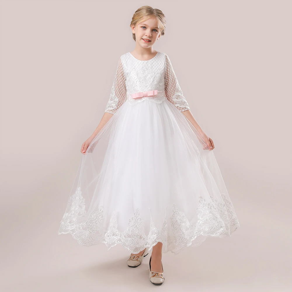 

Элегантное праздничное платье подружки невесты для девочек, официальное белое детское платье принцессы для первого причастия для выпускного вечера для девочек, свадебный вечерний костюм с бантом