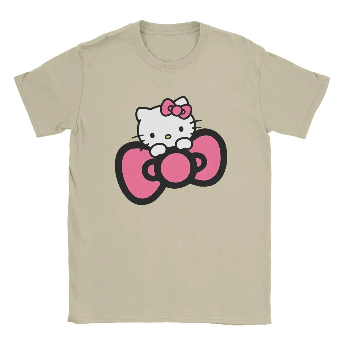 Men T Shirt Official Cute Pink Hello Kitty Hold Bowknot Crazy Tee Short Sleeve Round Neck T-Shirts Cotton Graphic Printed Clothe