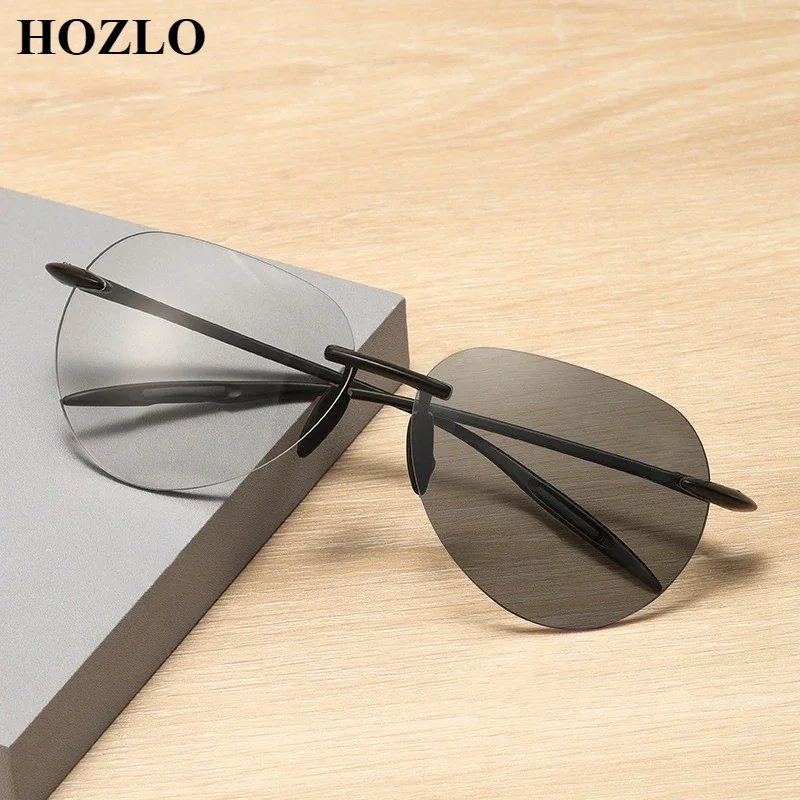 New Men Rimless Bifocals Photochromic Pilot Reading Sunglasses Look Near Far Presbyopic Hyperopia Spectacles Dark Glasses +1~+4