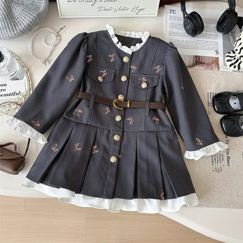 Spring And Autumn Girls Princess Dress Jacket+Skirt Two Pieces Sets For Children Clothing Lace Long Sleeve Uniform Formal Suits